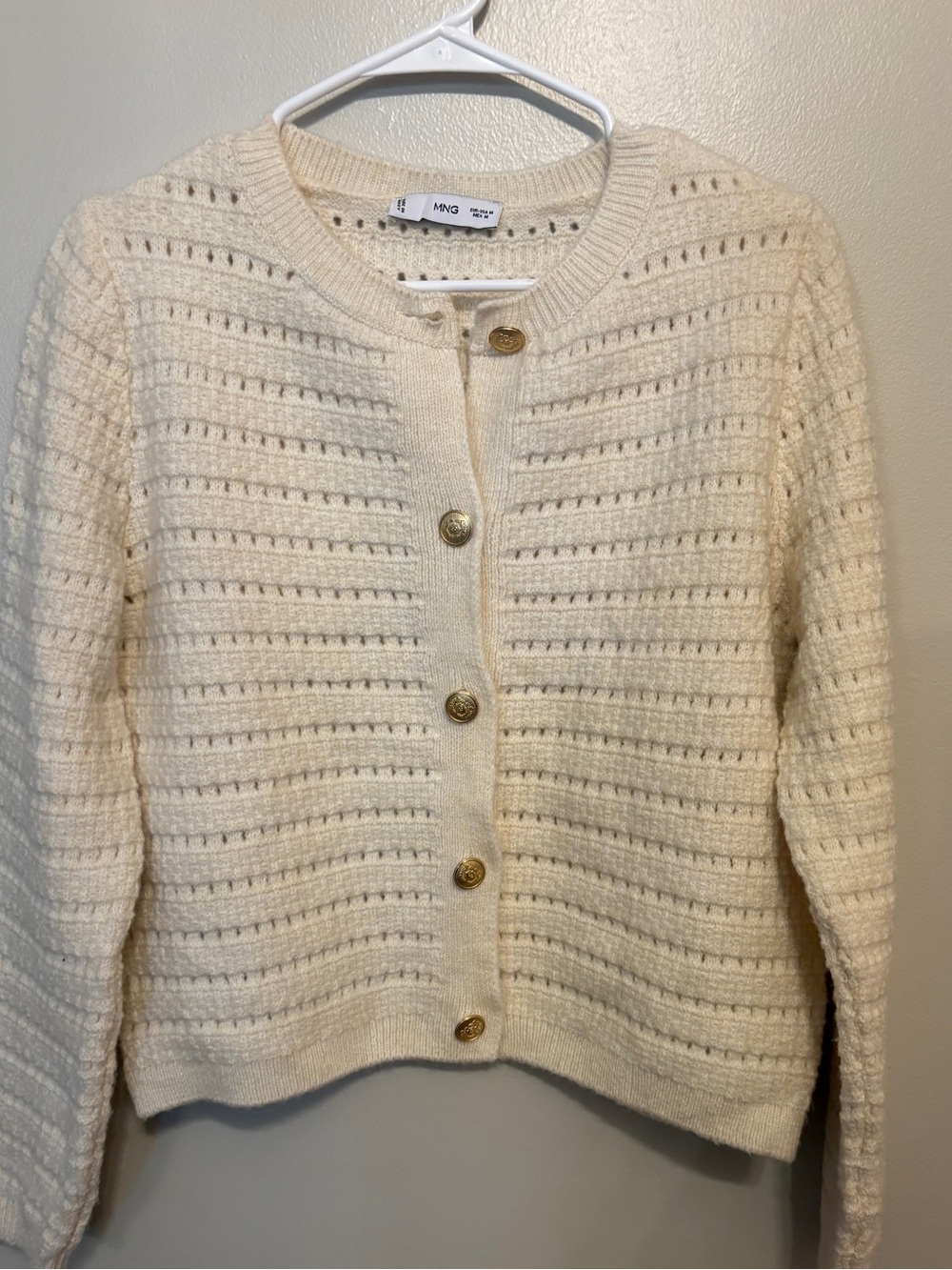 Mango Cream Open-Knit Button Cardigan